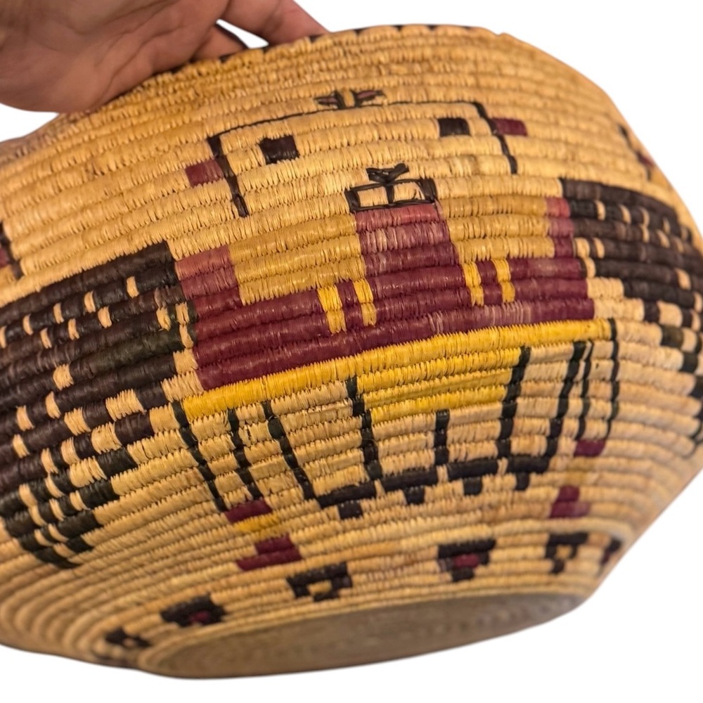 Hopi Pueblo Second Mesa Pictorial Deep Basket VTG Katsina face horses - Picture 13 of 15